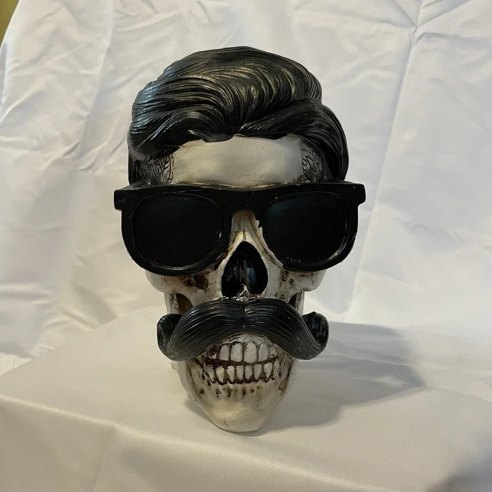 NEW Halloween Hippie Skull with Hair, Mustache, Tattoos & Glasses Retro Decor